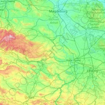 Mapa topográfico Mansfelder Land, altitud, relieve