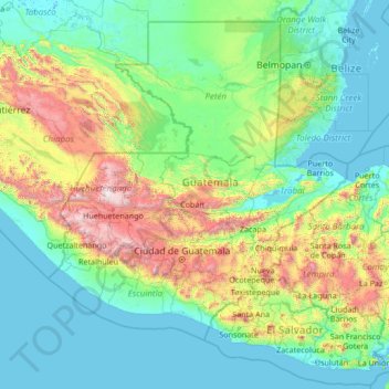 Mapa topográfico Alta Verapaz, altitud, relieve