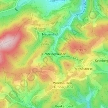 Mapa topográfico Lichtringhausen, altitud, relieve