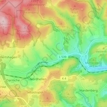 Mapa topográfico Hesselbecke, altitud, relieve