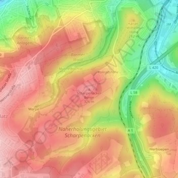 Mapa topográfico Scharpenacker Berge, altitud, relieve