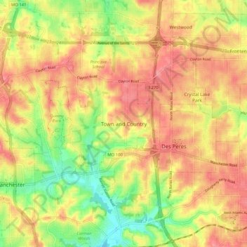Mapa topográfico Town and Country, altitud, relieve