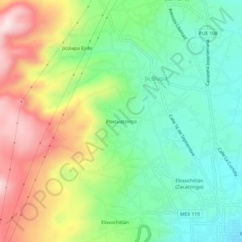 Mapa topográfico Poxcuatzingo, altitud, relieve