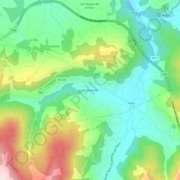 Mapa topográfico Brañaverniz, altitud, relieve
