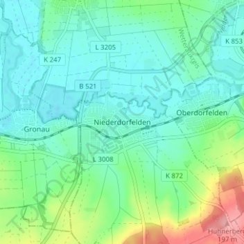 Mapa topográfico Niederdorfelden, altitud, relieve