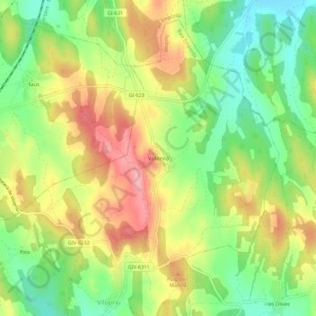 Mapa topográfico Valldevià, altitud, relieve