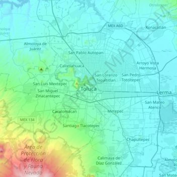 Mapa topográfico Toluca, altitud, relieve