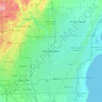 Mapa topográfico Sterling Heights, altitud, relieve
