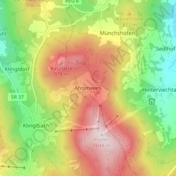Mapa topográfico Ahornwies, altitud, relieve