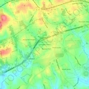 Mapa topográfico Cherokee Forest, altitud, relieve