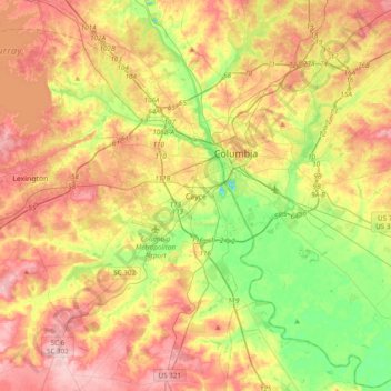 Mapa topográfico Cayce, altitud, relieve