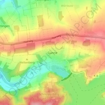 Mapa topográfico Günne, altitud, relieve