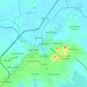 Mapa topográfico Araranguá, altitud, relieve