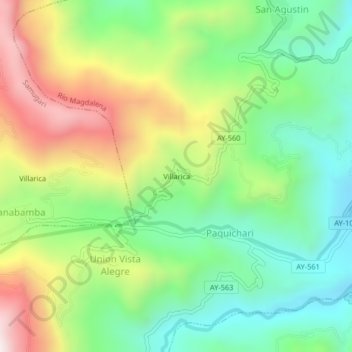 Mapa topográfico Villarica, altitud, relieve