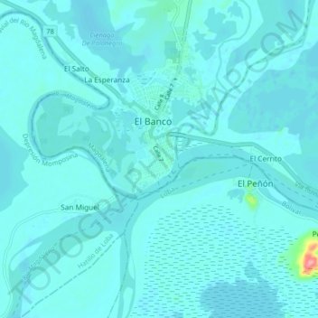 Mapa topográfico El Banco, altitud, relieve