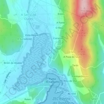 Mapa topográfico outes, altitud, relieve