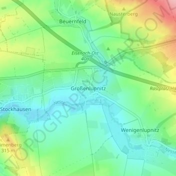 Mapa topográfico Großenlupnitz, altitud, relieve