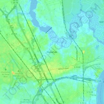Mapa topográfico Hanahan, altitud, relieve