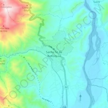 Mapa topográfico Santa Fe de Antioquia, altitud, relieve