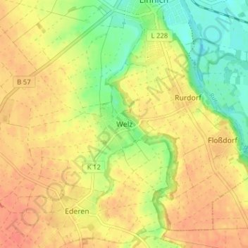 Mapa topográfico Welz, altitud, relieve