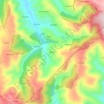 Mapa topográfico Vilardoi, altitud, relieve