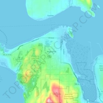 Mapa topográfico Anacortes, altitud, relieve