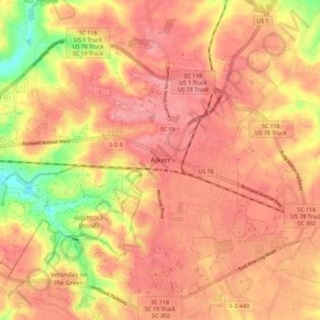 Mapa topográfico Aiken, altitud, relieve