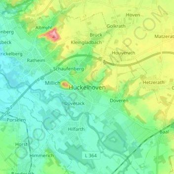 Mapa topográfico Hückelhoven, altitud, relieve