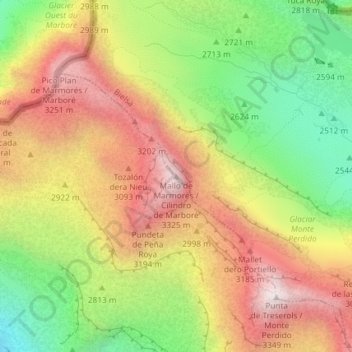 Mapa topográfico Cilindro de Marboré, altitud, relieve