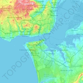 Mapa topográfico Almada, altitud, relieve