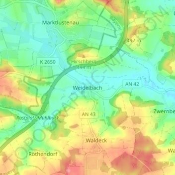 Mapa topográfico Weidelbach, altitud, relieve