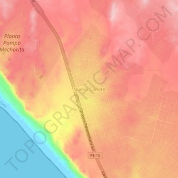 Mapa topográfico Nuevo Cañete, altitud, relieve