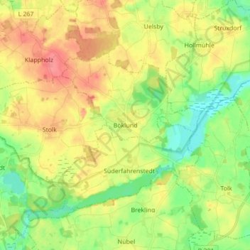 Mapa topográfico Böklund, altitud, relieve
