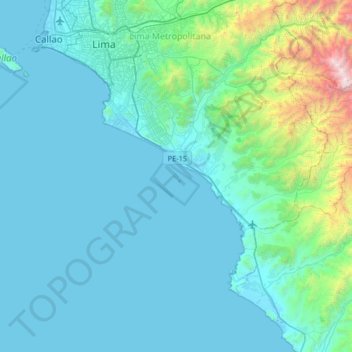 Mapa topográfico Pachacámac, altitud, relieve
