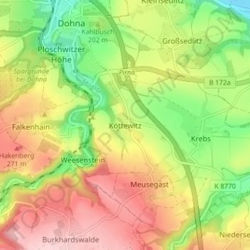 Mapa topográfico Köttewitz, altitud, relieve