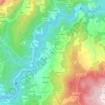 Mapa topográfico Paçô, altitud, relieve