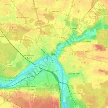 Mapa topográfico Melun, altitud, relieve