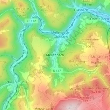 Mapa topográfico Mellenbach, altitud, relieve