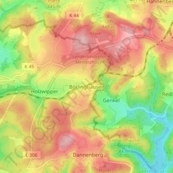 Mapa topográfico Börlinghausen, altitud, relieve
