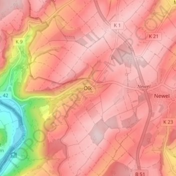 Mapa topográfico Olk, altitud, relieve