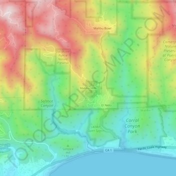 Mapa topográfico Malibu Hills, altitud, relieve