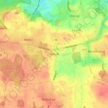 Mapa topográfico Oxbüll, altitud, relieve