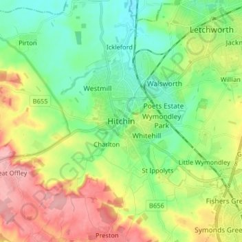 Mapa topográfico Hitchin, altitud, relieve