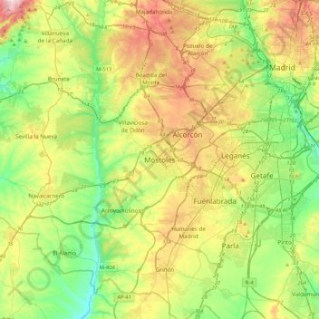Mapa topográfico Móstoles, altitud, relieve