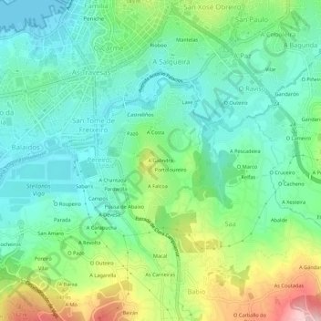 Mapa topográfico A Galindra, altitud, relieve