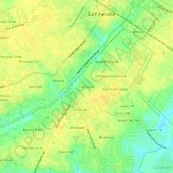Mapa topográfico Twin Oaks, altitud, relieve