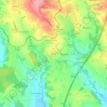 Mapa topográfico Grünet, altitud, relieve