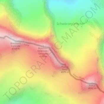 Mapa topográfico Gemello del Breithorn, altitud, relieve
