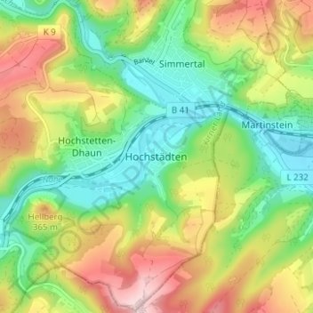 Mapa topográfico Hochstädten, altitud, relieve