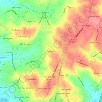 Mapa topográfico Brierfield, altitud, relieve